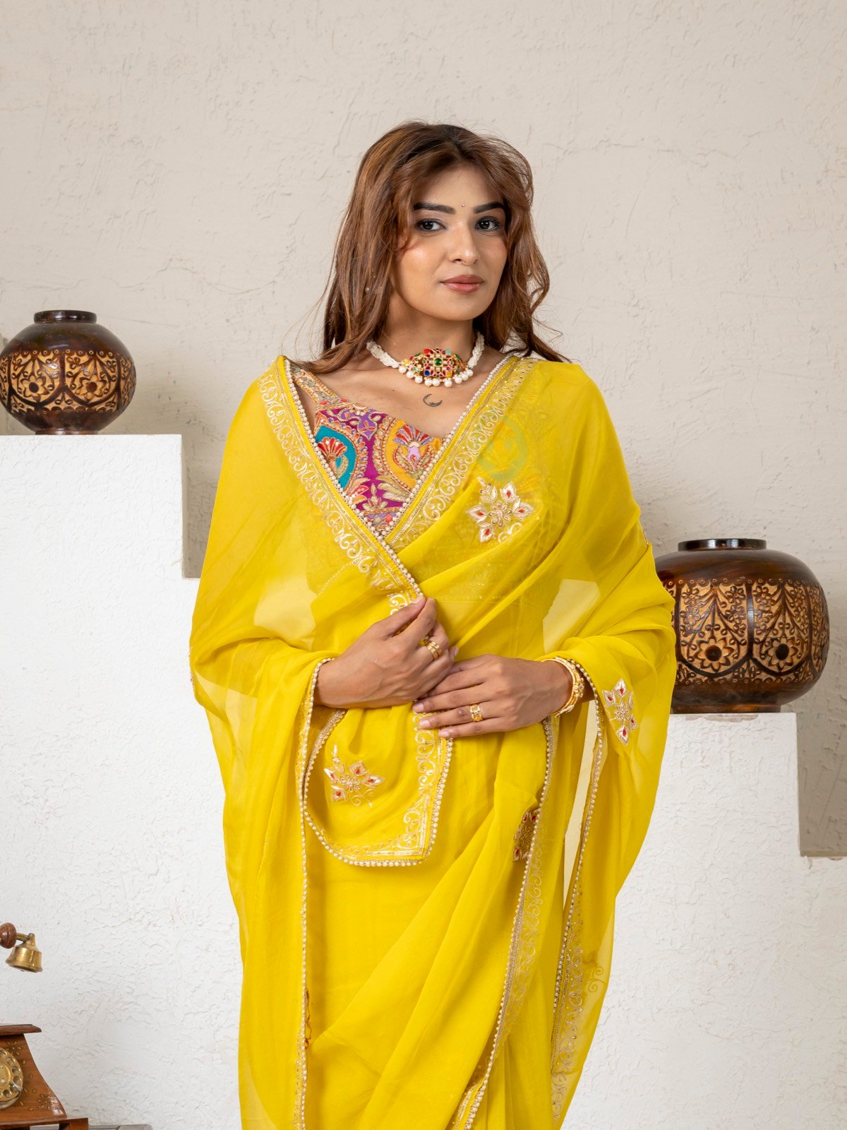 Sunshine Yellow Handcrafted Saree drape view