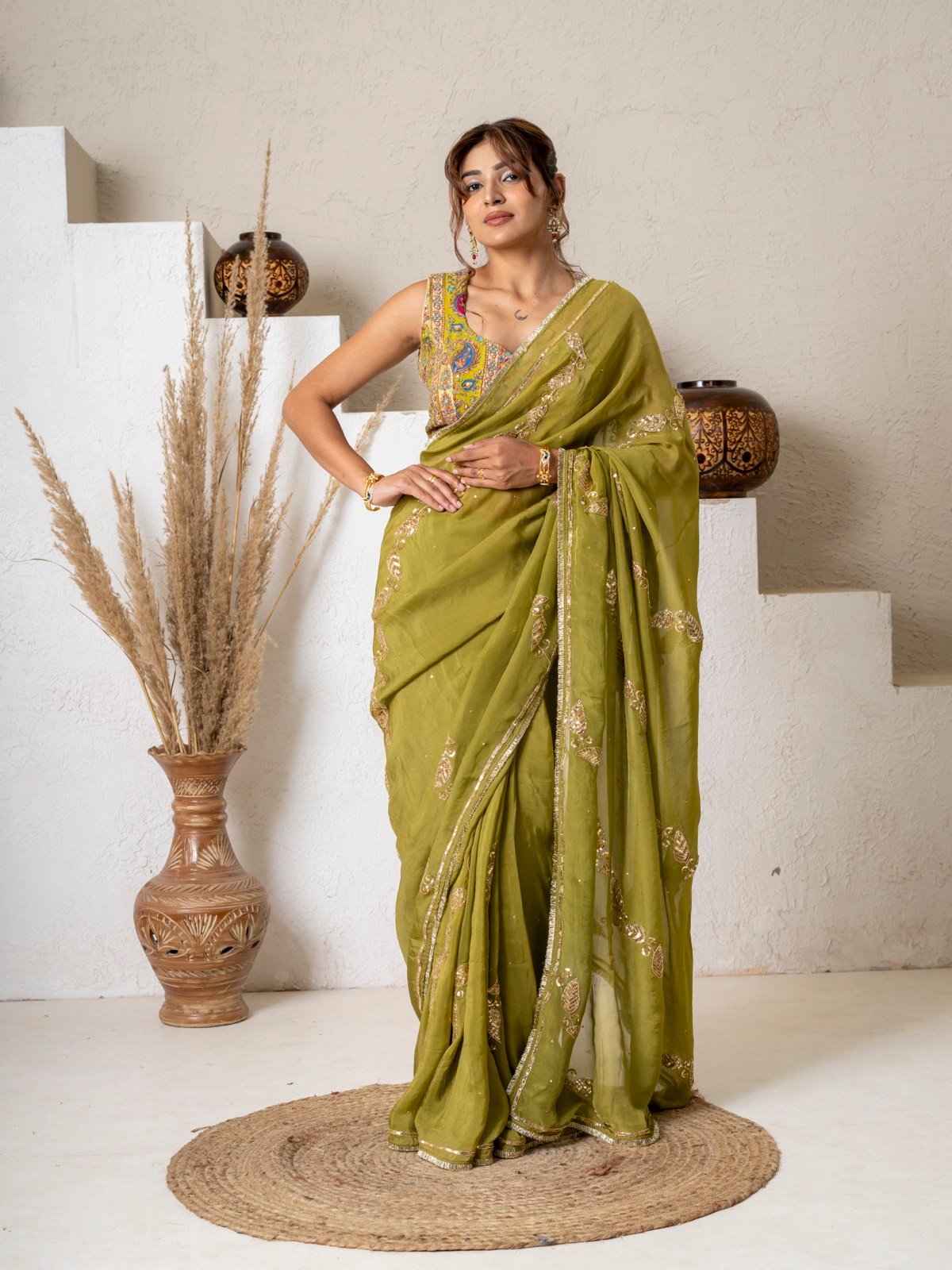 Olive Green Hand-Embroidered Organza Saree