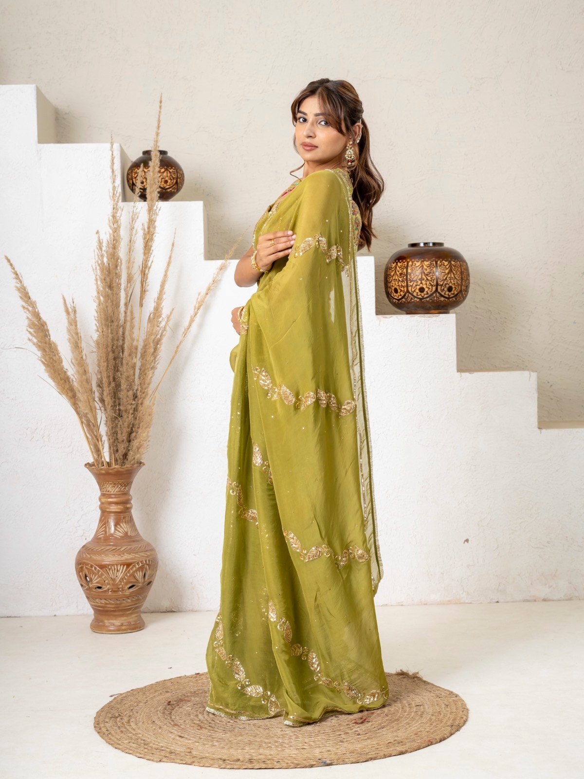 Olive Green Hand-Embroidered Organza Saree with Stitched Blouse (M-XXL Only) thumbnail 5