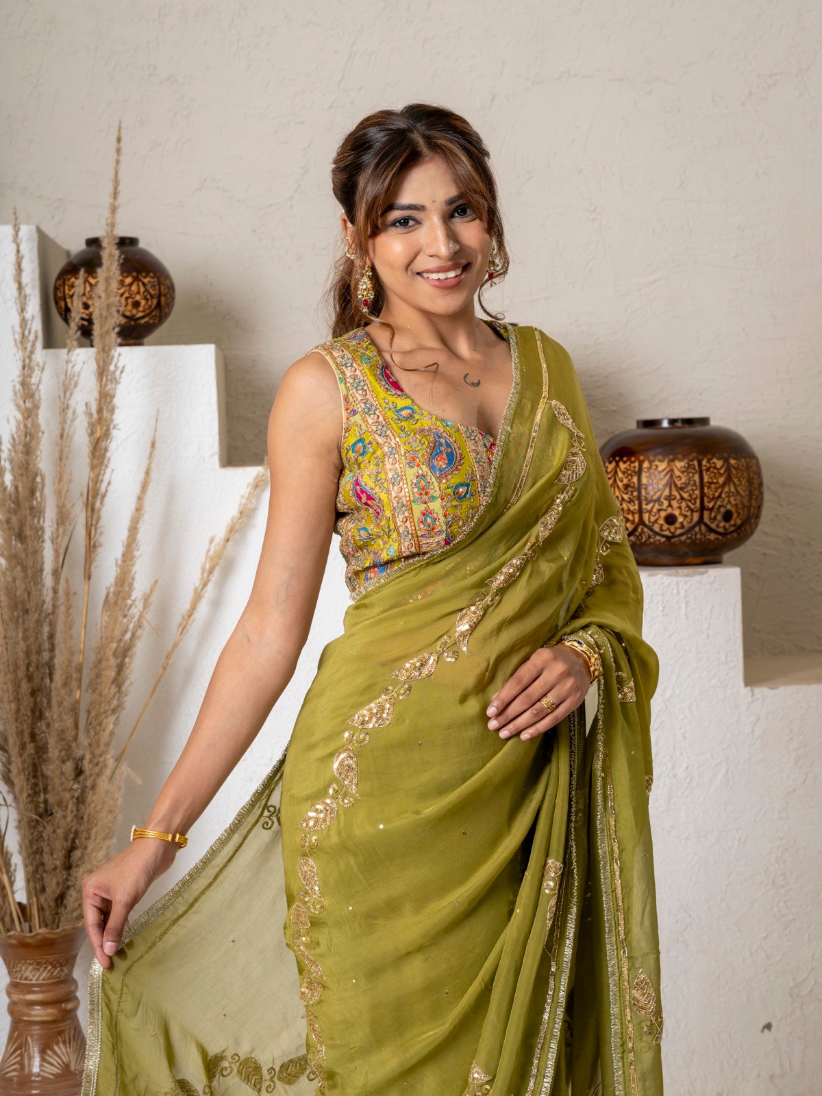 Olive Green Hand-Embroidered Organza Saree with Stitched Blouse (M-XXL Only) thumbnail 3