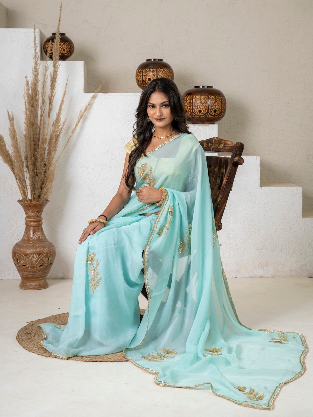 Handcrafted Aqua Blue Floral Sequin Organza Saree drape view
