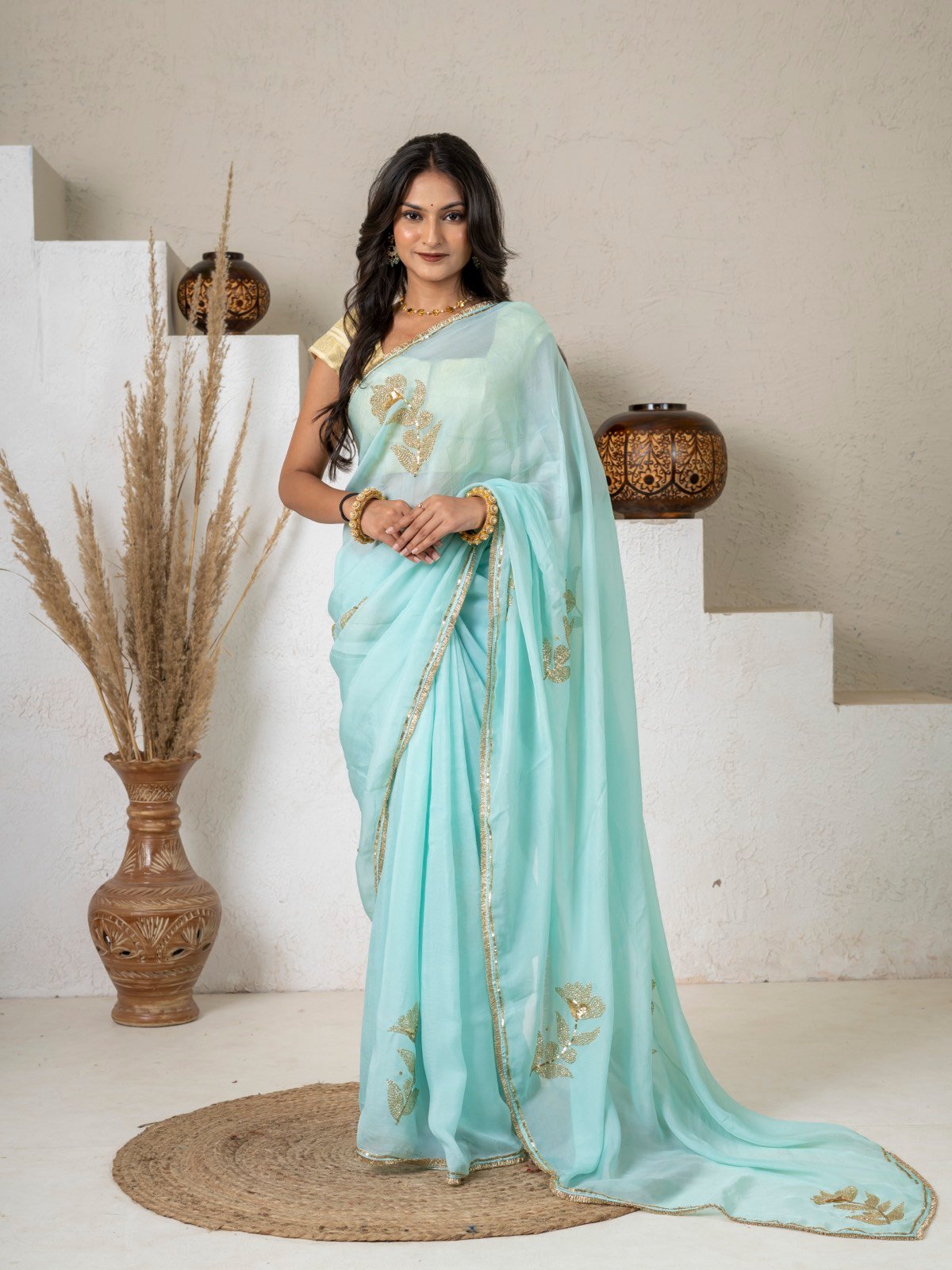 Handcrafted Aqua Blue Floral Sequin Organza Saree