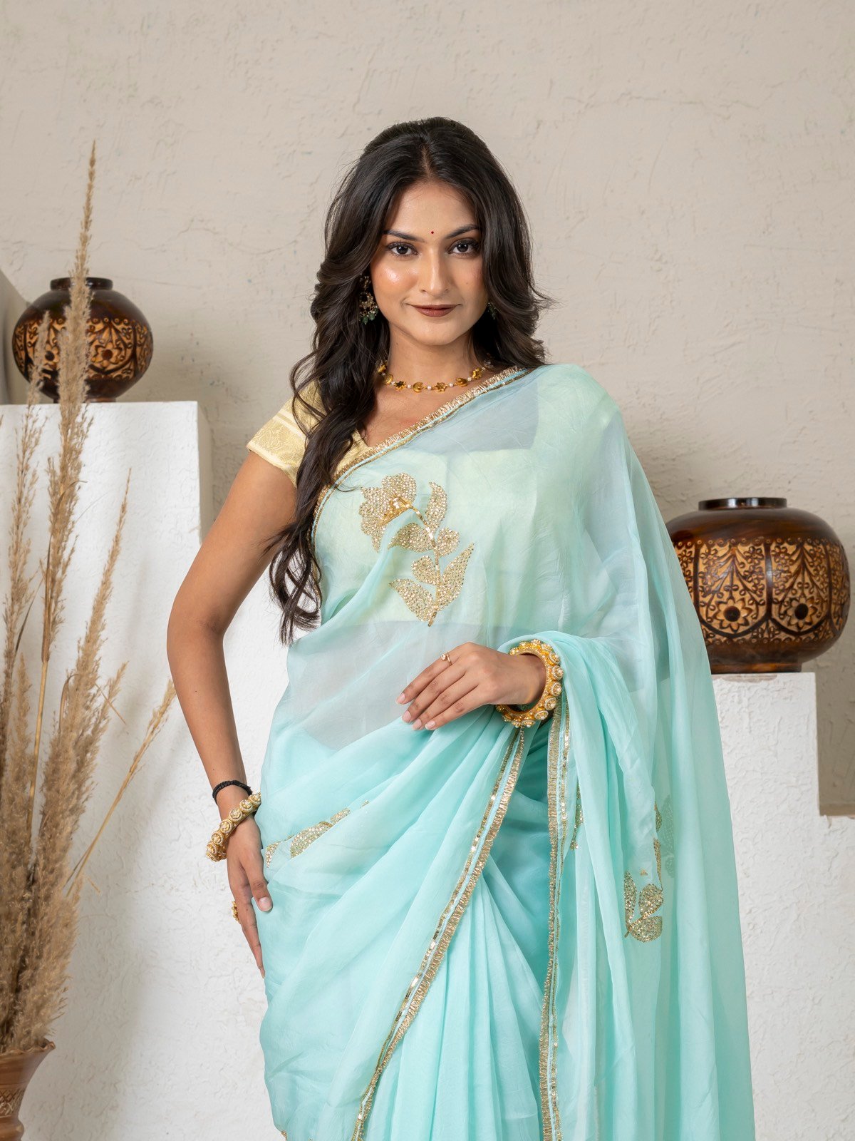 Handcrafted Aqua Blue Floral Sequin Organza Saree thumbnail 4