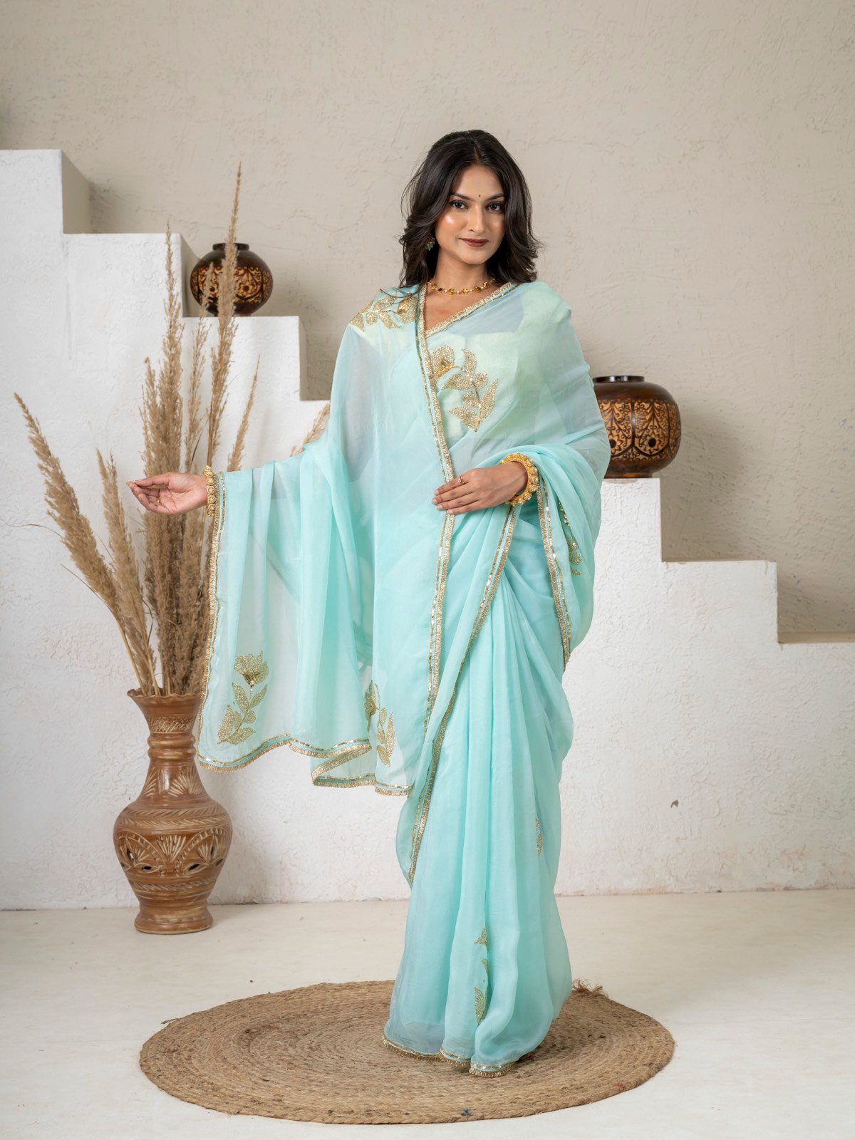 Handcrafted Aqua Blue Floral Sequin Organza Saree thumbnail 5