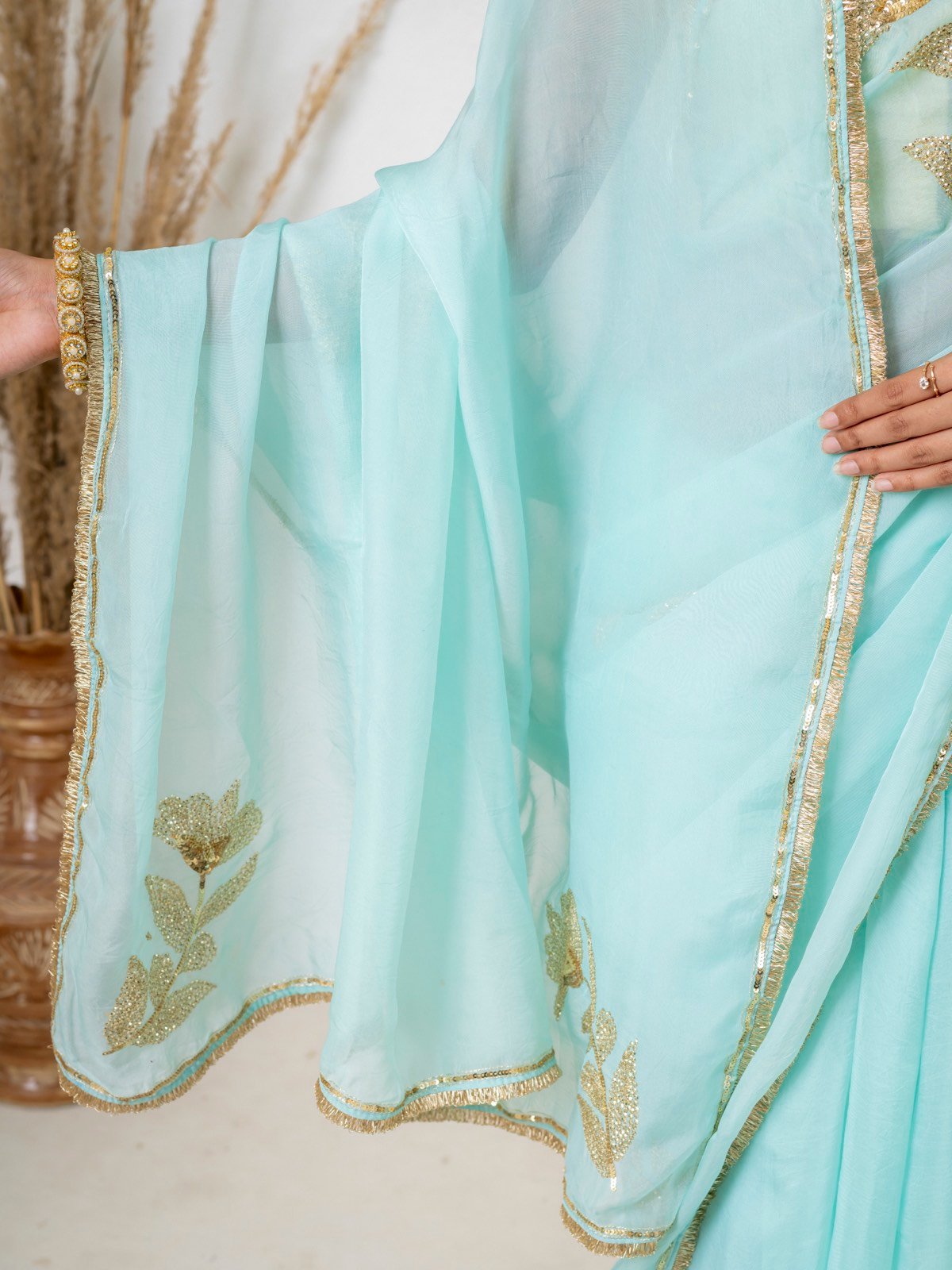 Handcrafted Aqua Blue Floral Sequin Organza Saree thumbnail 3