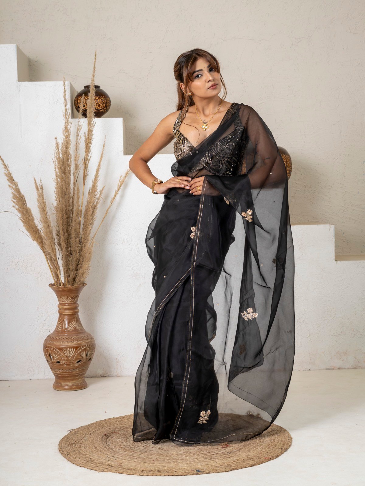 Handcrafted Pure Organza Midnight Black Floral Embroidered Saree