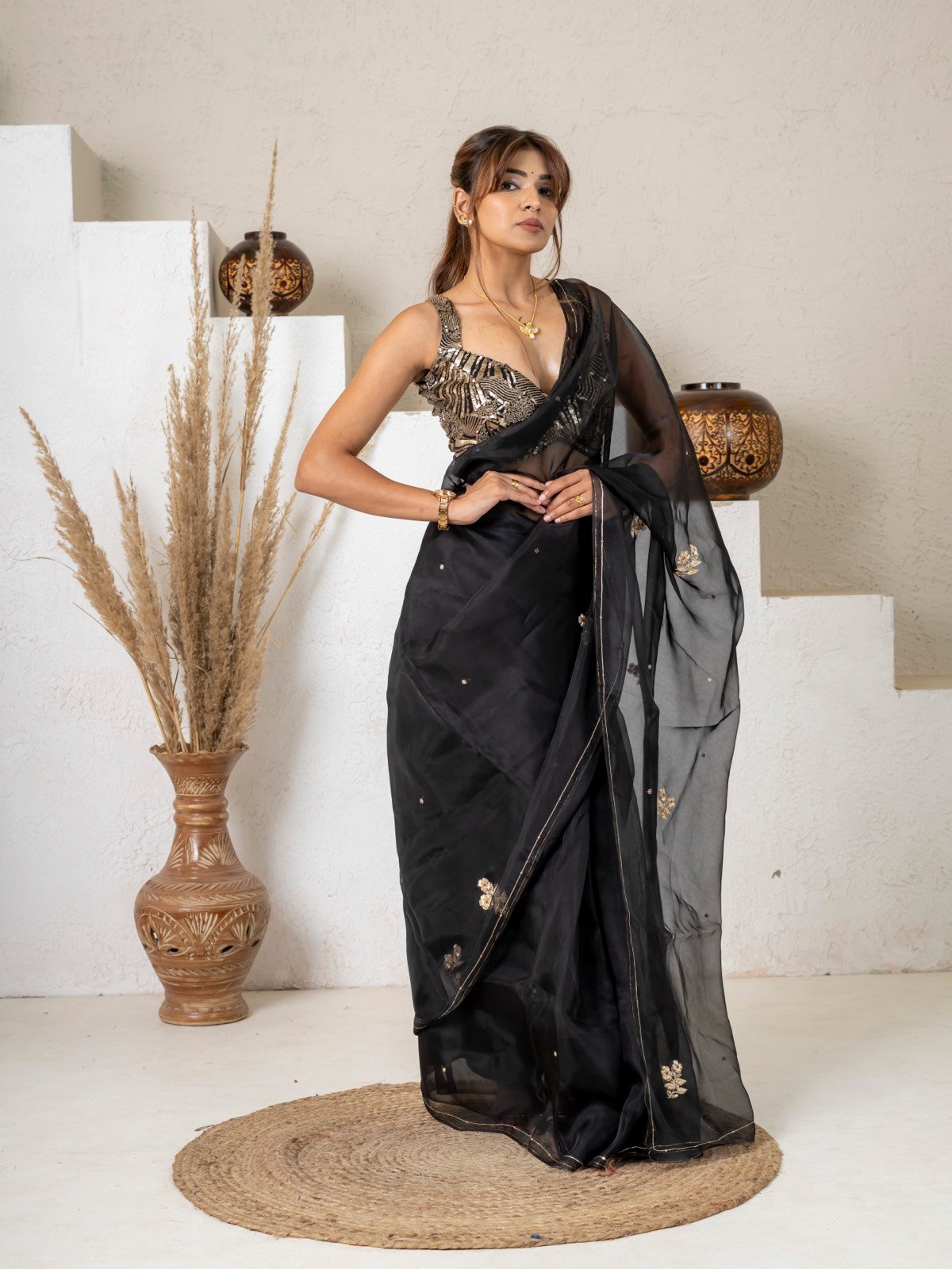 Handcrafted Pure Organza Midnight Black Floral Embroidered Saree thumbnail 8