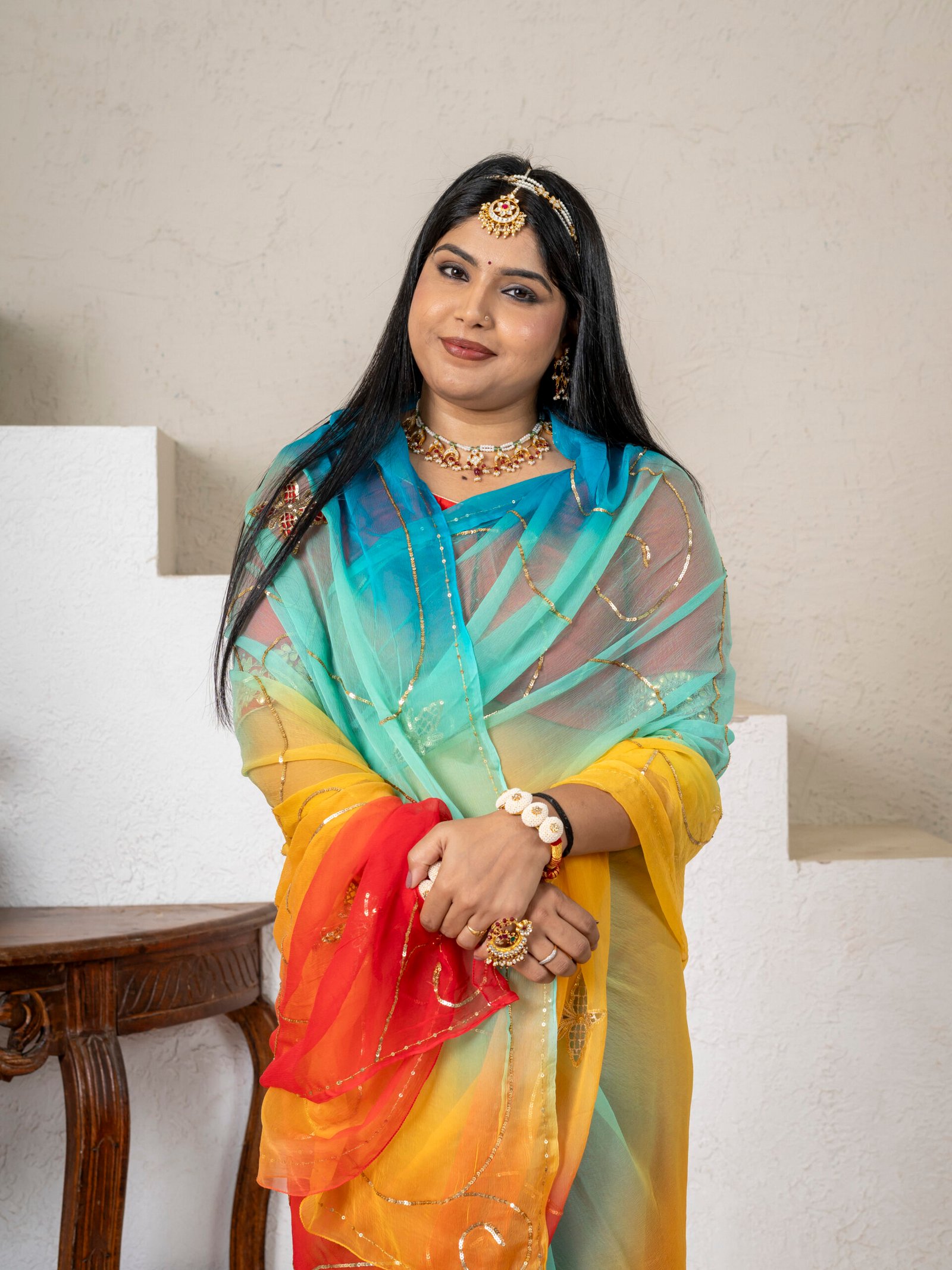 Aqua Yellow Ombre Aari Taari Saree
