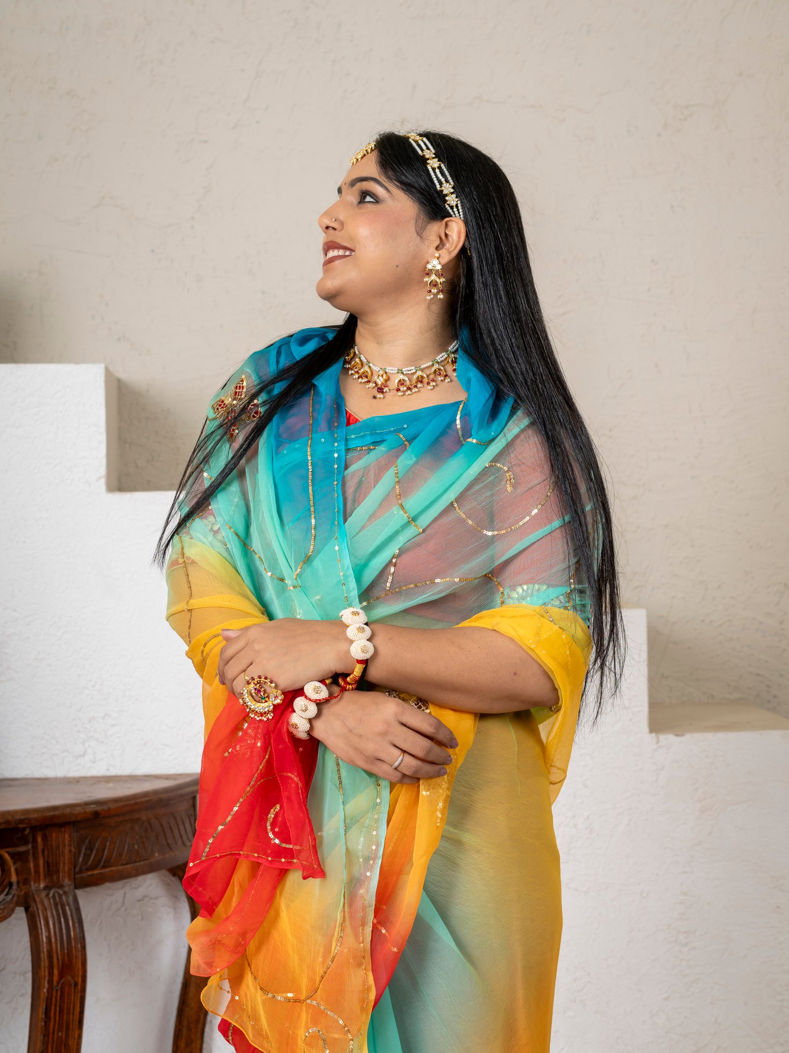 Aqua Yellow Ombre Aari Taari Saree thumbnail 6