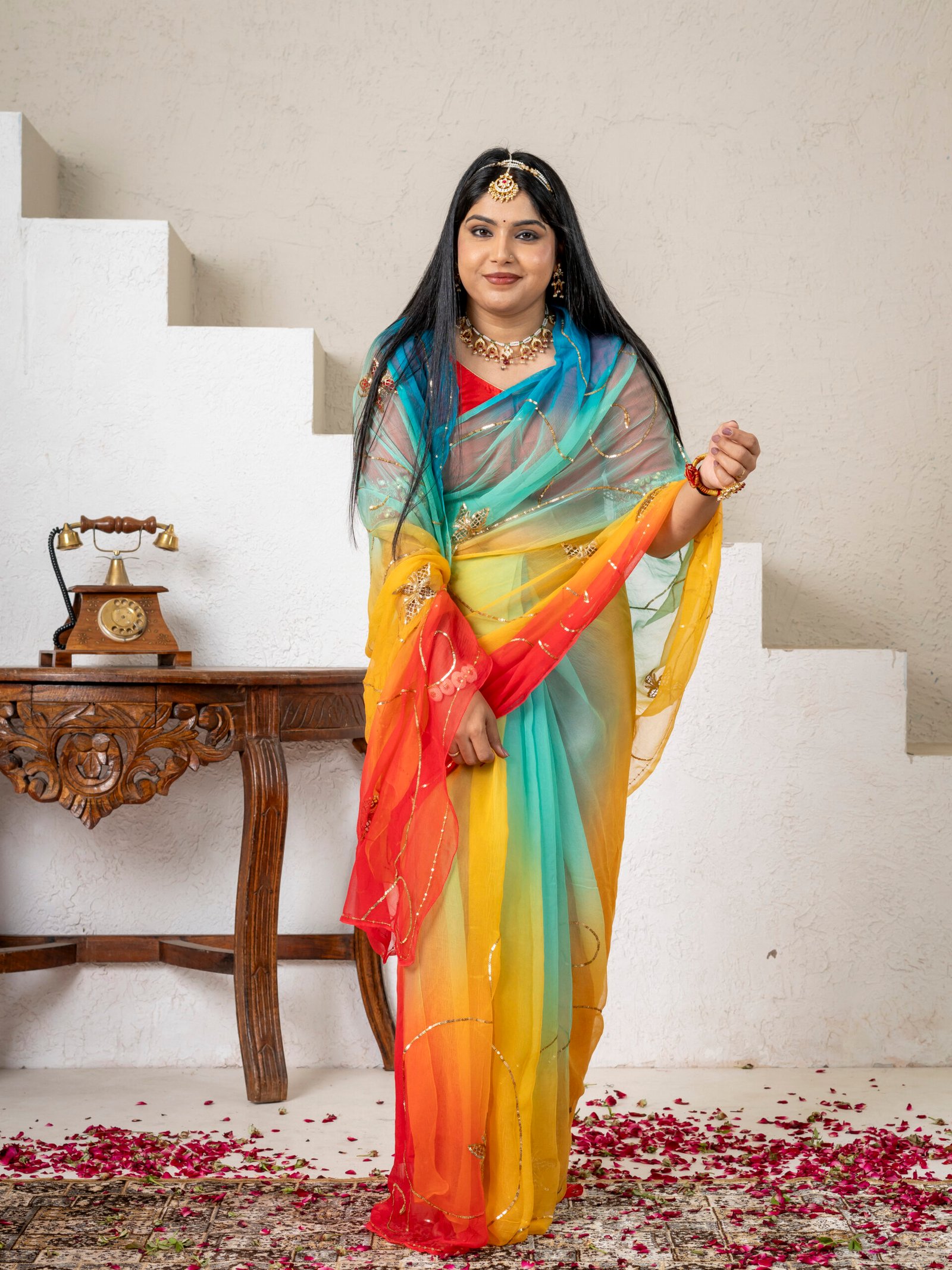 Aqua Yellow Ombre Aari Taari Saree drape view