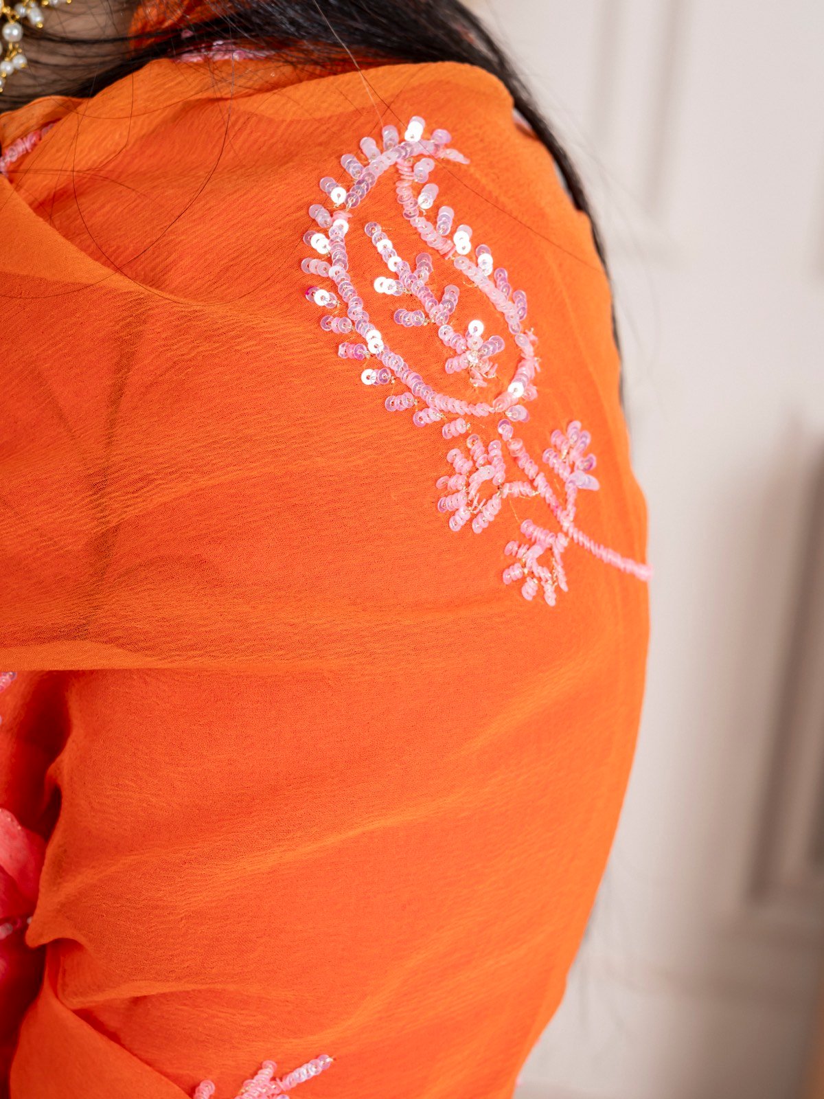 Handcrafted Coral Orange Pure Chiffon Saree thumbnail 6