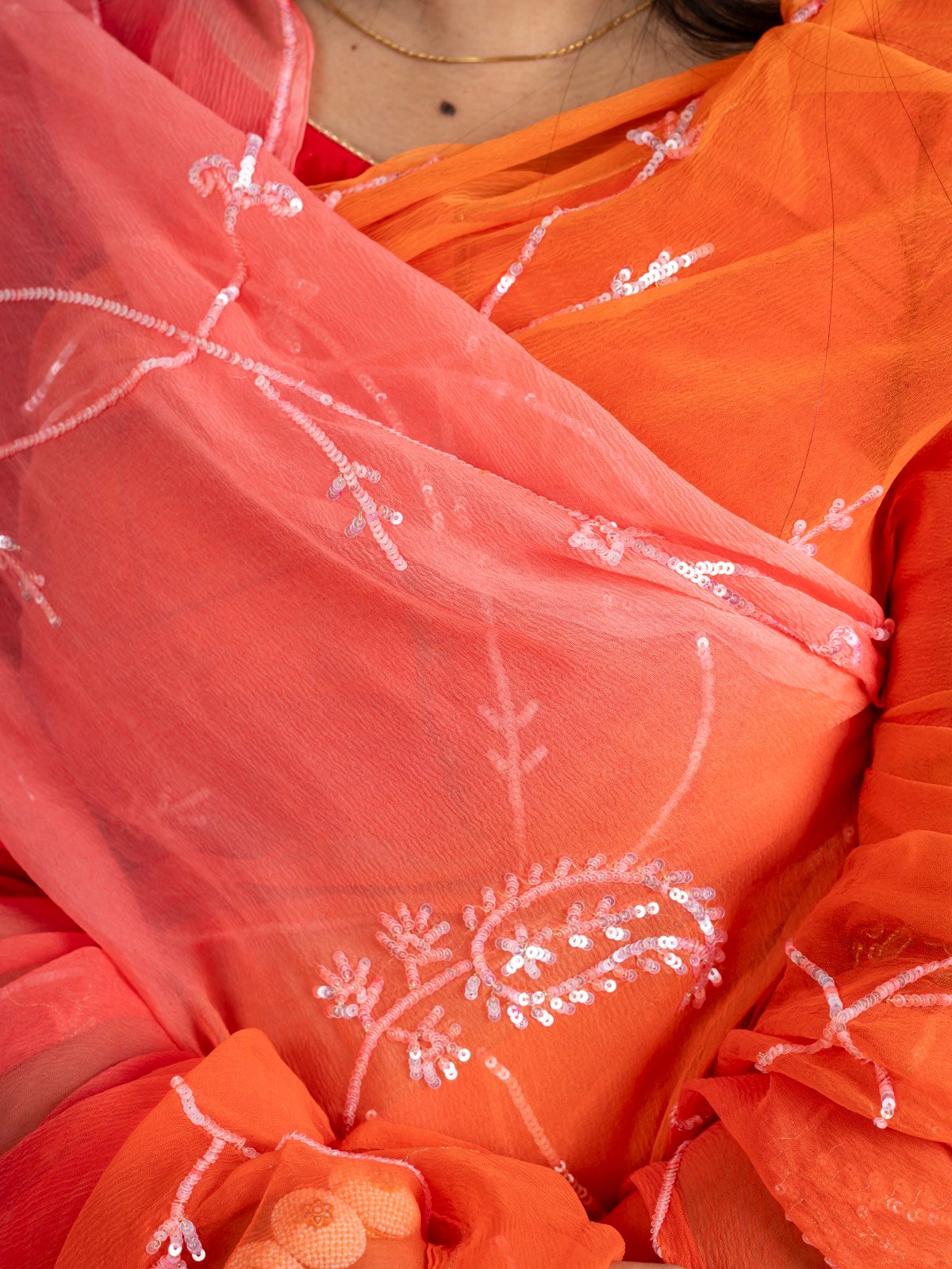Handcrafted Coral Orange Pure Chiffon Saree thumbnail 5