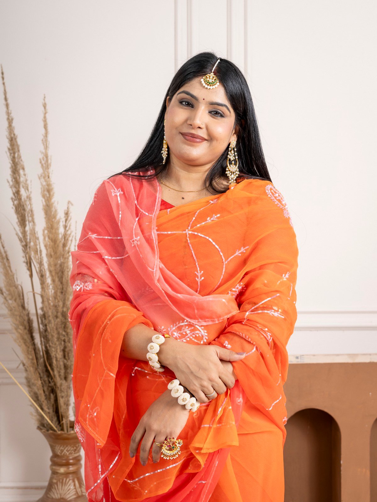 Handcrafted Coral Orange Pure Chiffon Saree thumbnail 4