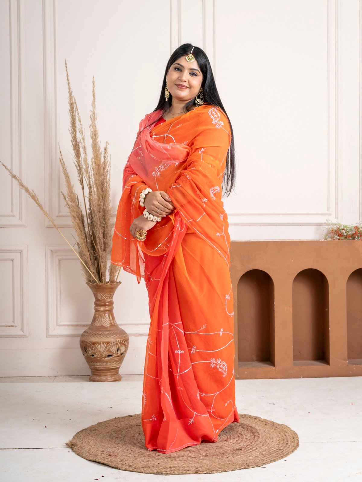 Handcrafted Coral Orange Pure Chiffon Saree thumbnail 3