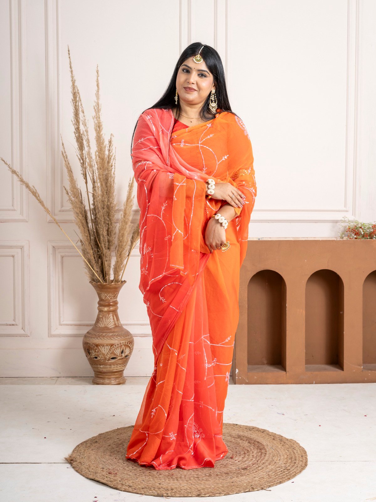 Handcrafted Coral Orange Pure Chiffon Saree