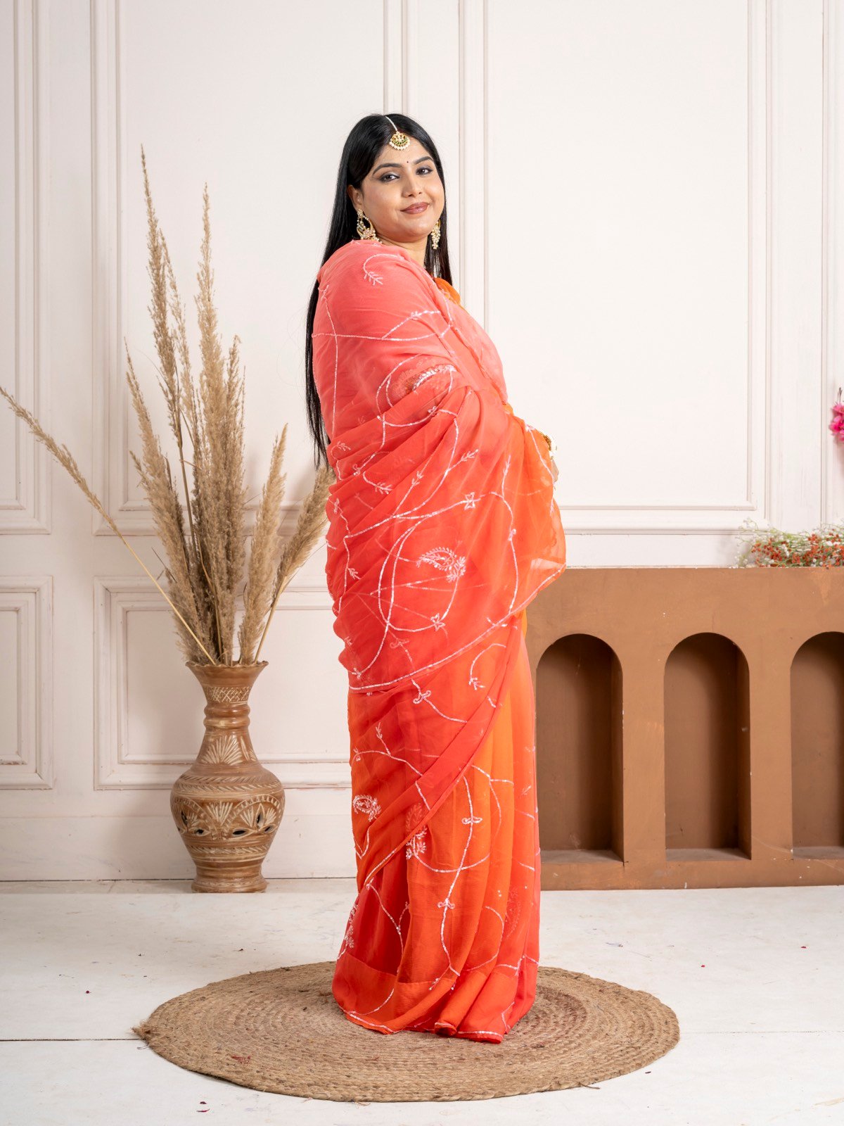 Handcrafted Coral Orange Pure Chiffon Saree drape view