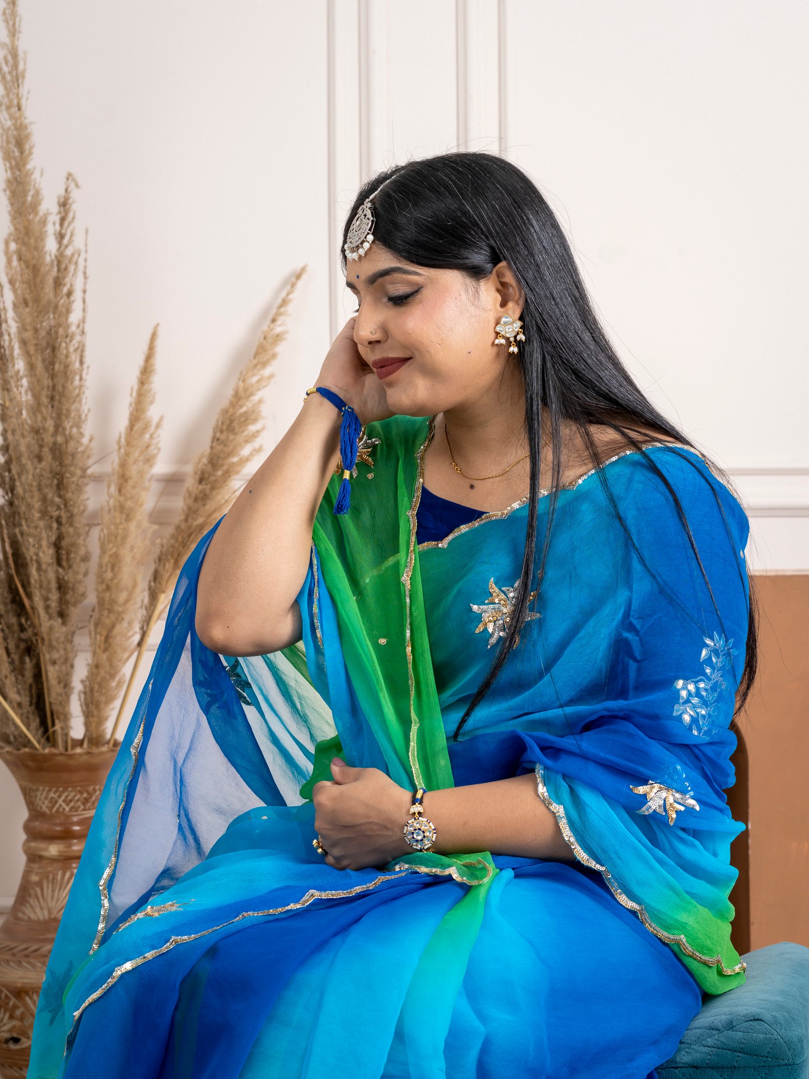 Handcrafted Blue Green Ombre Pure Chiffon Aari Taari Saree drape view
