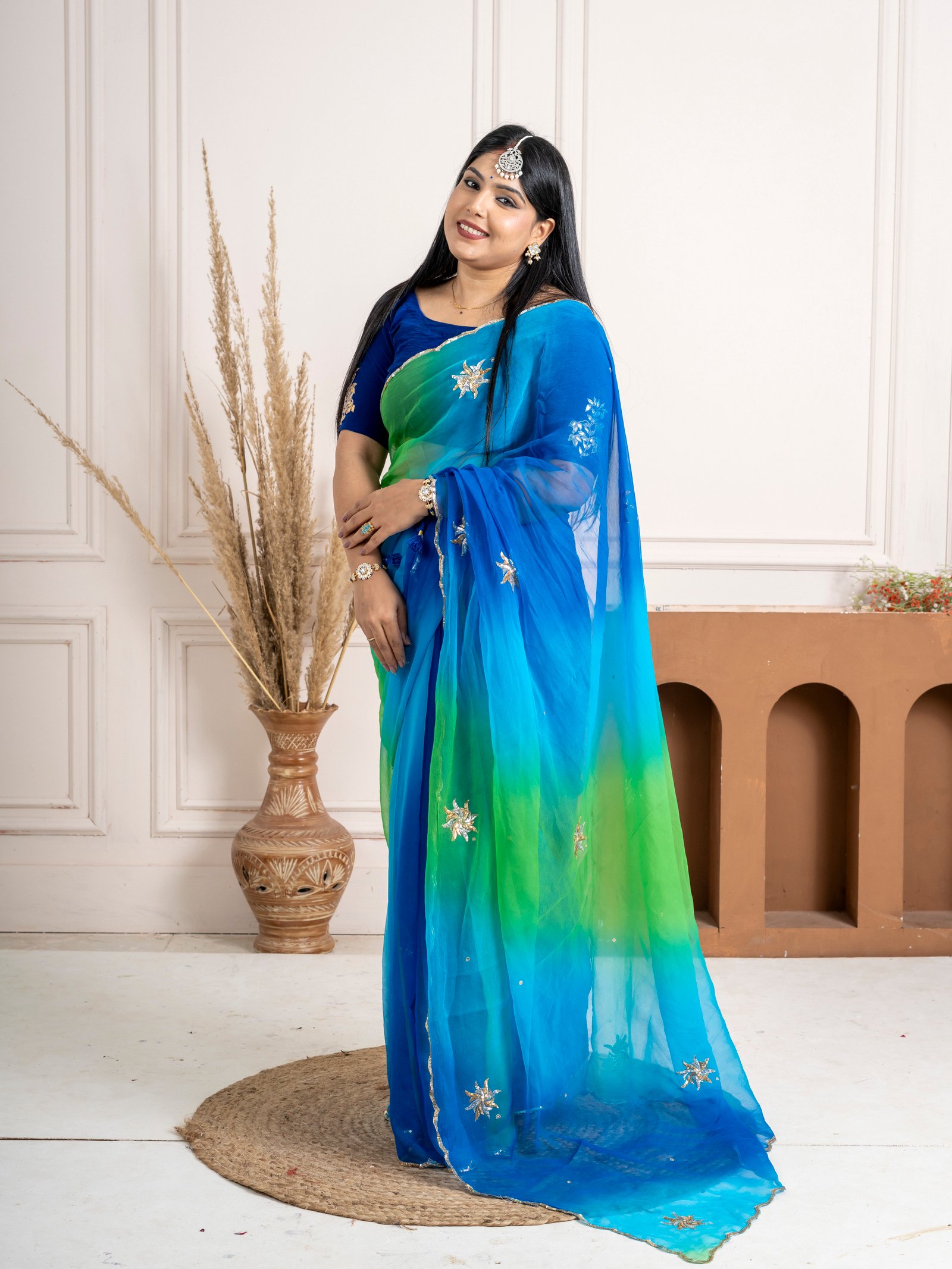Handcrafted Blue Green Ombre Pure Chiffon Aari Taari Saree