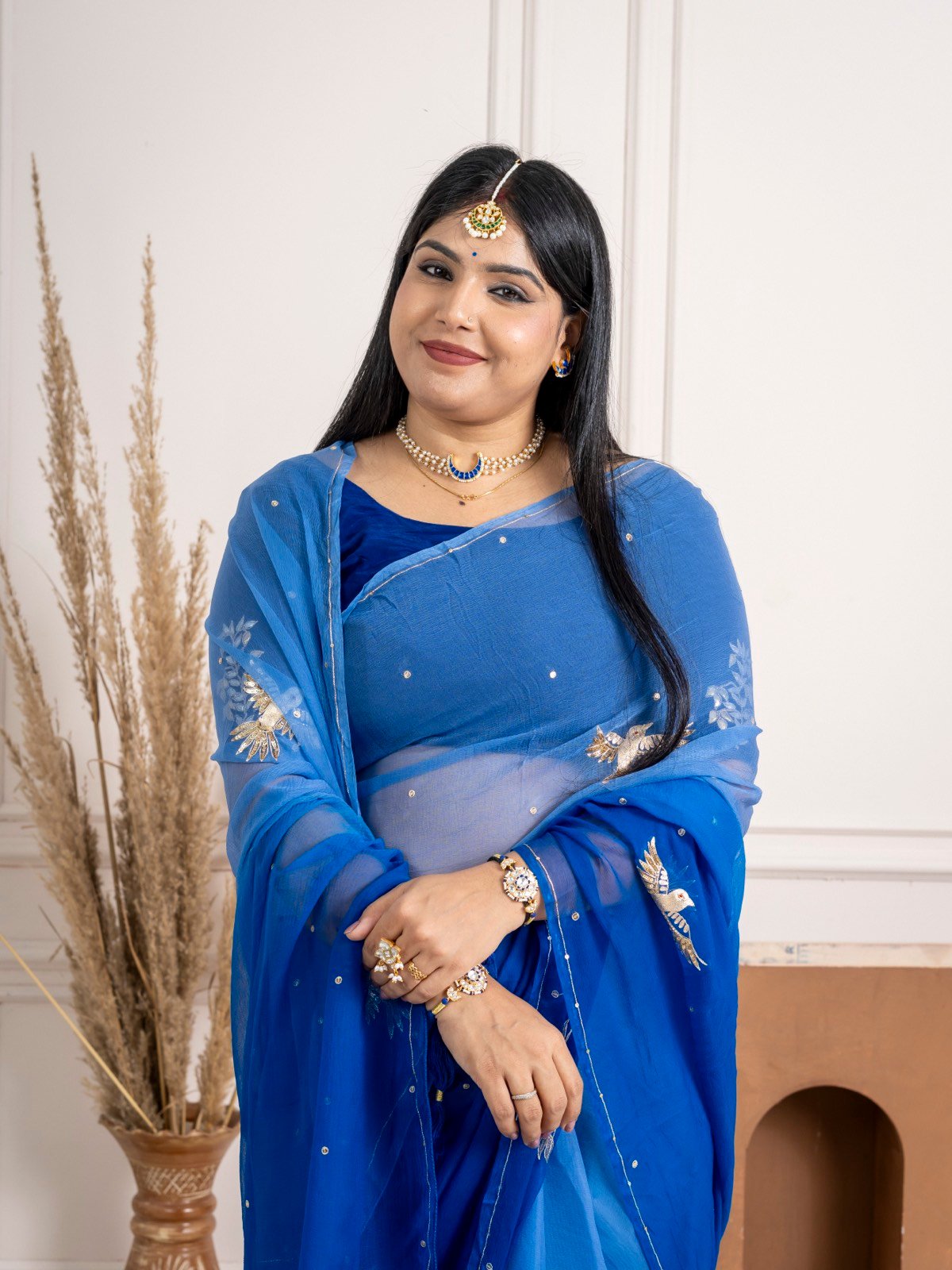 Handcrafted Royal Blue Pure Chiffon Saree with Kurja Aari Taari Work thumbnail 6
