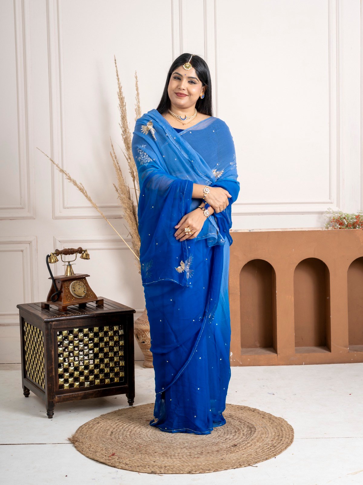Handcrafted Royal Blue Pure Chiffon Saree with Kurja Aari Taari Work