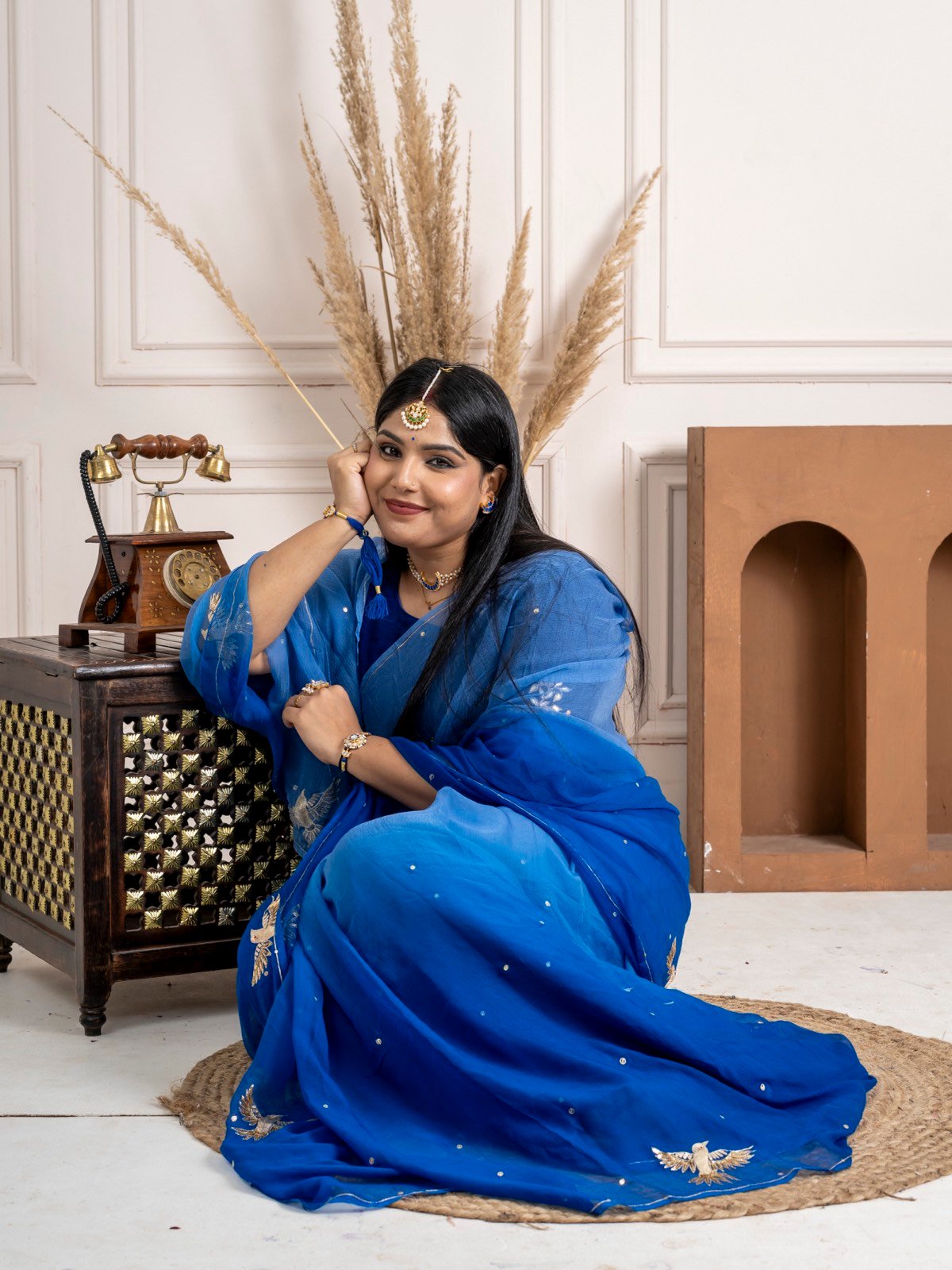 Handcrafted Royal Blue Pure Chiffon Saree with Kurja Aari Taari Work thumbnail 8
