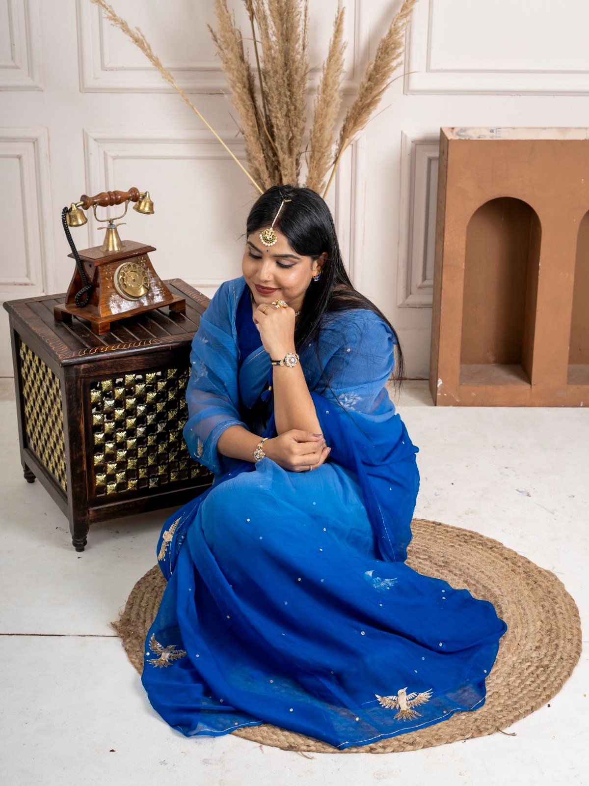 Handcrafted Royal Blue Pure Chiffon Saree with Kurja Aari Taari Work thumbnail 5