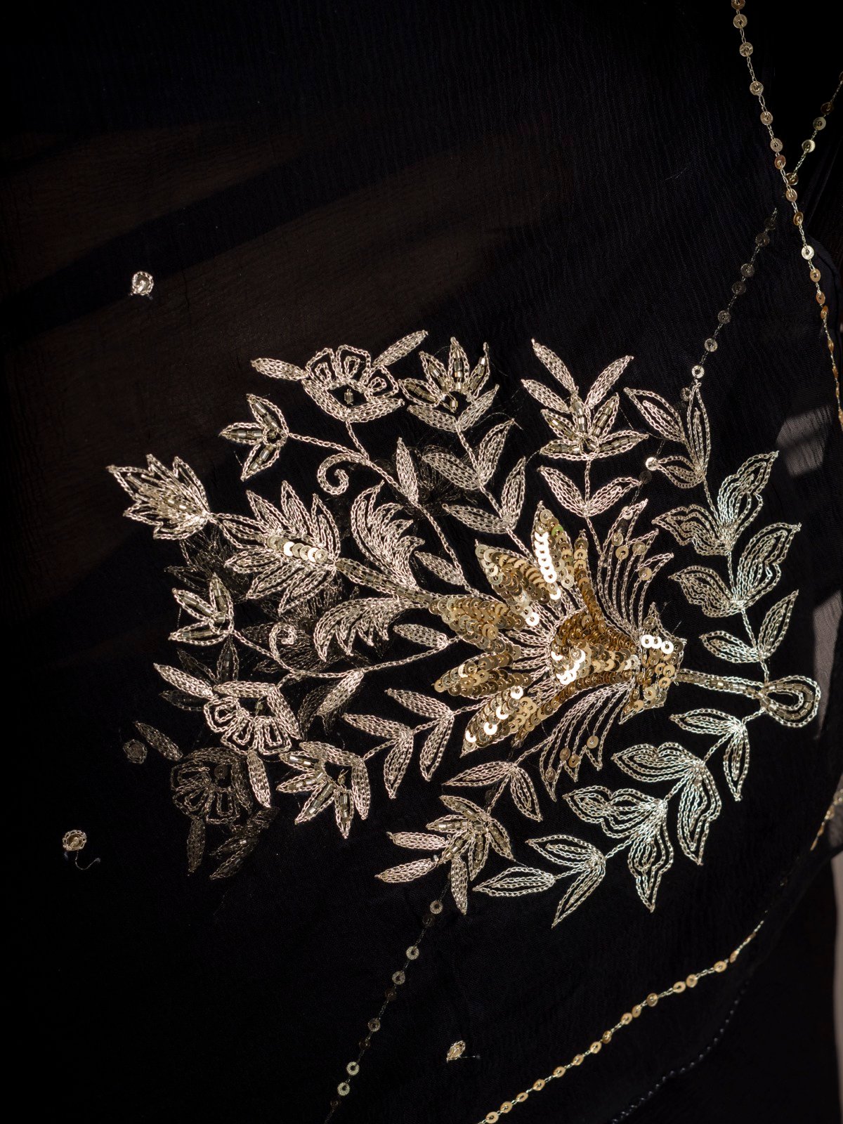 Handcrafted Black Pure Chiffon Saree with Floral Sequin Work thumbnail 9