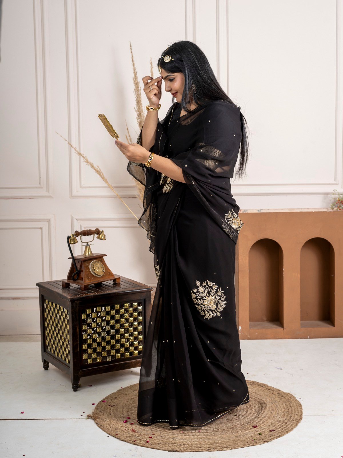 Handcrafted Black Pure Chiffon Saree with Floral Sequin Work thumbnail 8