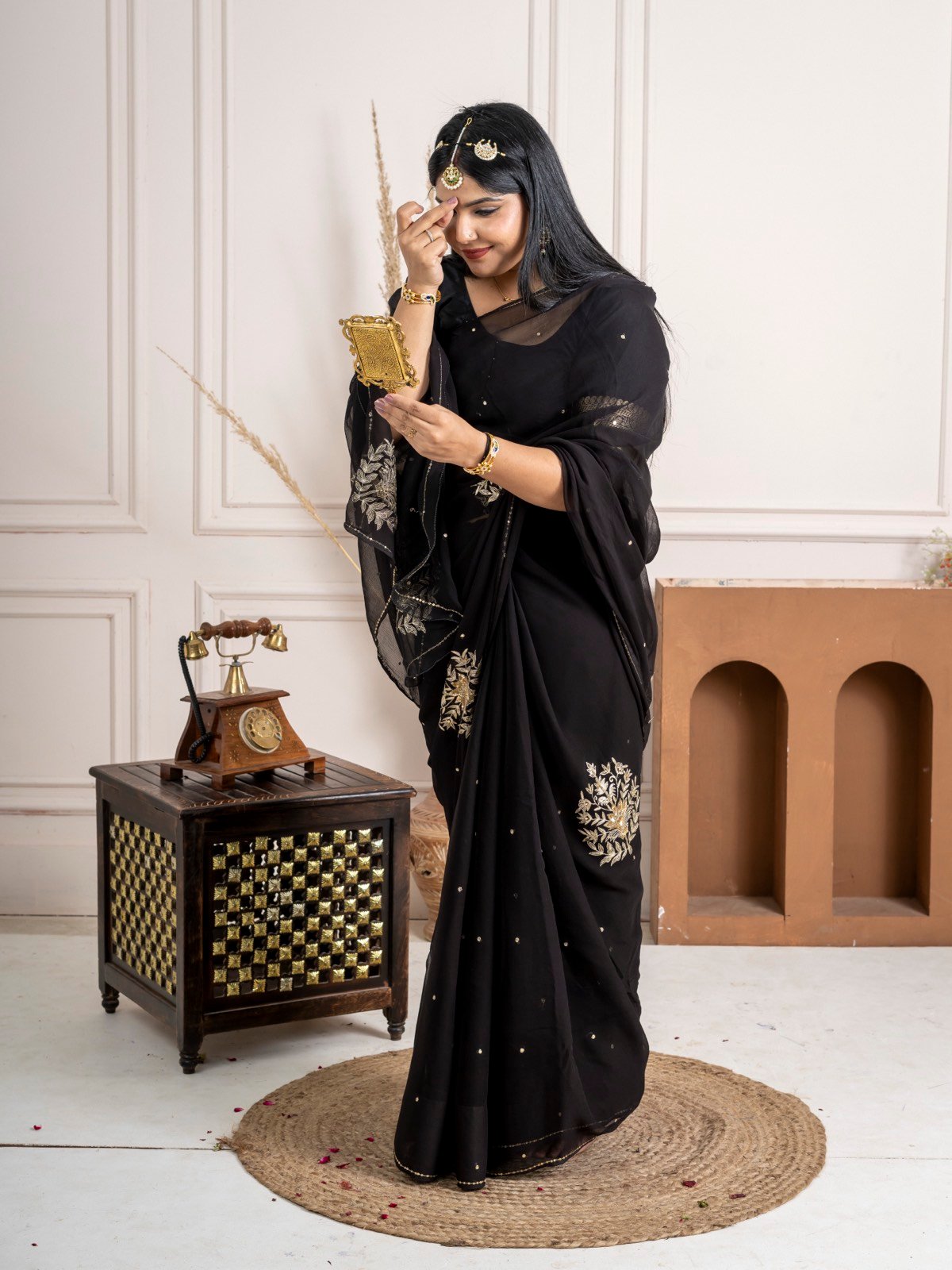 Handcrafted Black Pure Chiffon Saree with Floral Sequin Work thumbnail 5