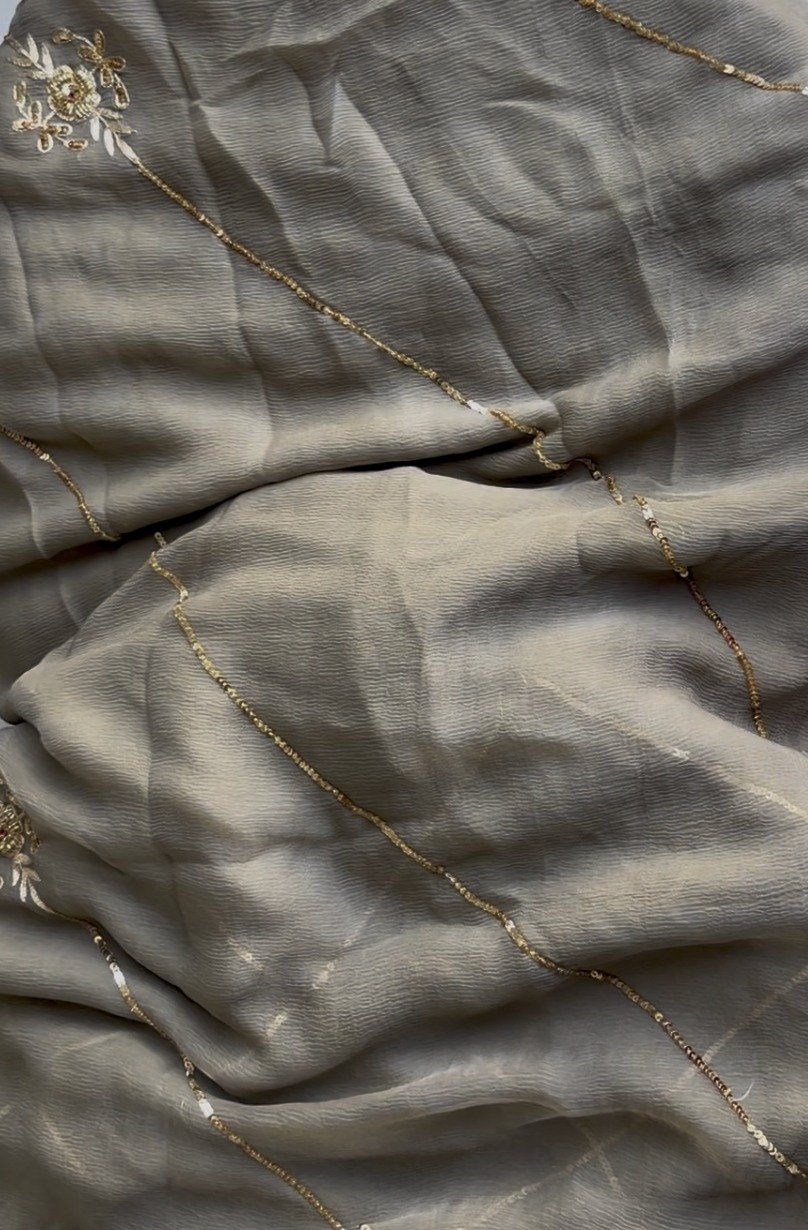 Olive Grey Chiffon Saree with Golden Embroidery thumbnail 3